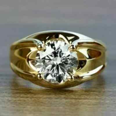 2Ct Round Cut 8mm REAL Moissanite Men's Engagement Ring 14K Yellow Gold Plated