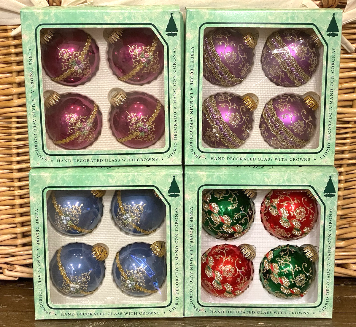 VTG Krebs Hand Decorated Glass Christmas Ornaments w/Crowns 4