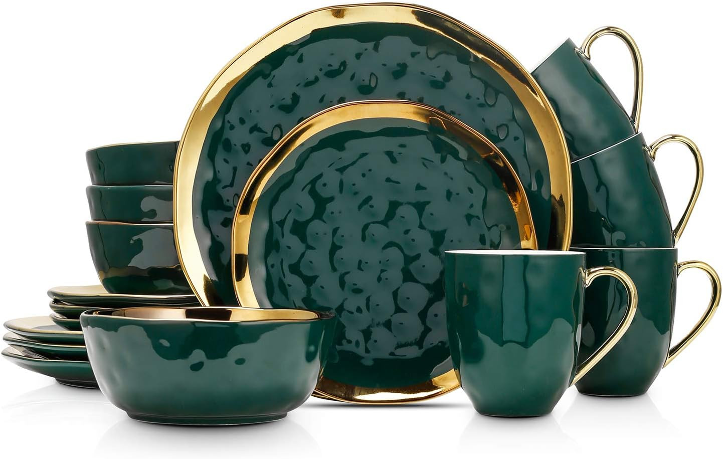 Porcelain 16 Piece Dinnerware Set, Service for 4, Green and 