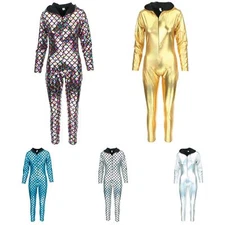 Hooded Catsuit Bodysuit Jumpsuit Romper Trousers GOLD SILVER Mermaid Scales