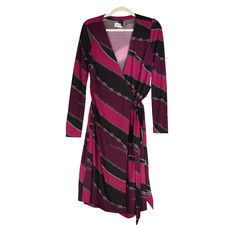 Ann Taylor Wrap Midi Dress Womens Size 4 Tie Closure Black Burgundy Stretch