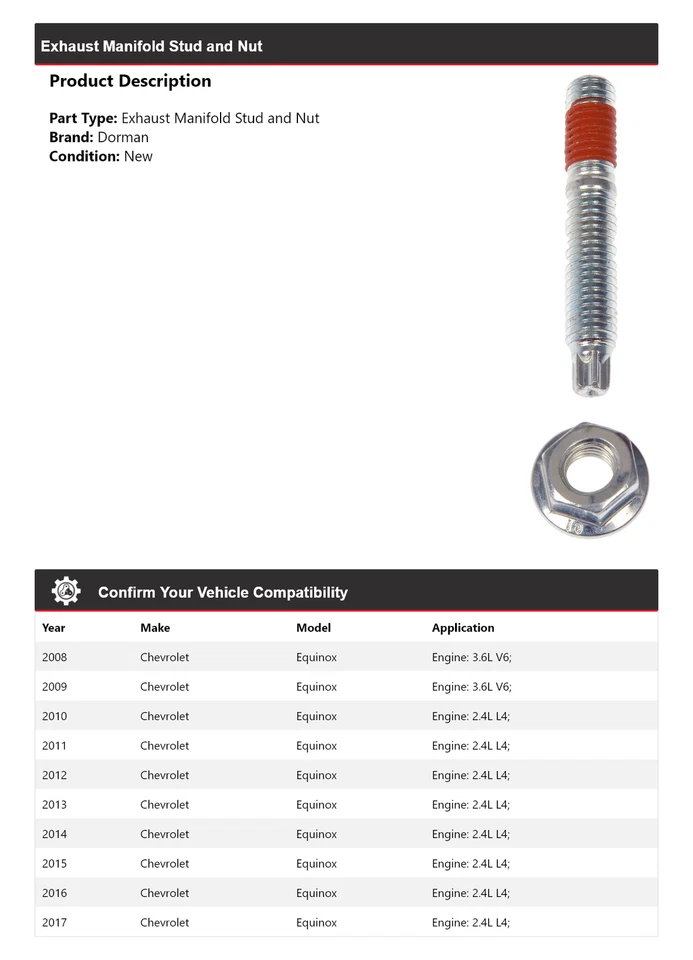 Para Chevrolet Equinox Dorman 2008-2017 colector de escape perno y tuerca 2009 2010 Foto 2 de 4