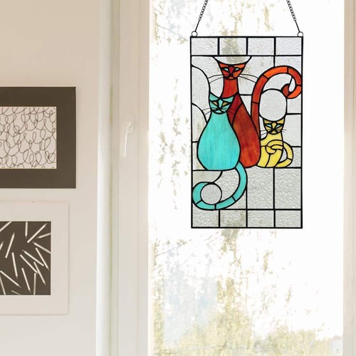 River of Goods Stained Glass Window Panel 3-Cats Tiffany Style Red Aqua Yellow - 第 9/10 張圖片