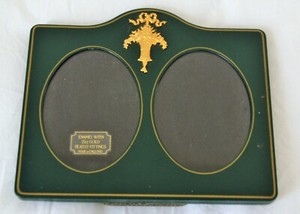 English Enamel & Gold Double Picture Frame w/ Flower Basket 22ct Gold Platted 