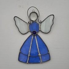 Vintage Handcrafted Stained Glass Blue Angel Sun Catcher Ornament Christmas