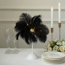 15" BLACK Ostrich Feather DESK LAMP Decorative LED Light Table Centerpiece Party