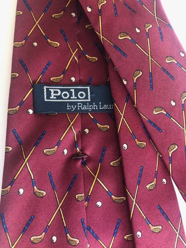 Burgundy silk tie with gold embroidered golf clubs and “Polo Ralph Lauren” text, 56 inches long.