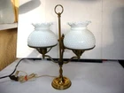 BRASS DOUBLE ARM  STUDENT LAMP WITH WHITE MILK GLASS HOB NAIL SHADES