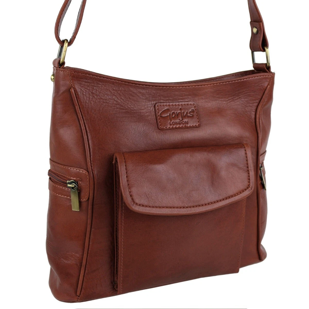 Ladies Tan Brown Leather Cross Body Bag Handbag by Gorjus Shoulder