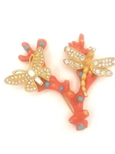 Authentic Kenneth Jay Lane Coral & Crystal Dragonfly Brooch – Handmade in USA