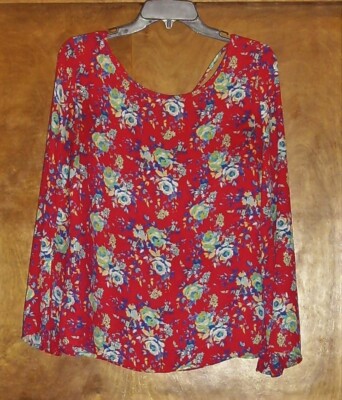 Wishful Park LS, Scoop-Neck Top, Size Med., V-Back, Cross-Straps, Red Floral