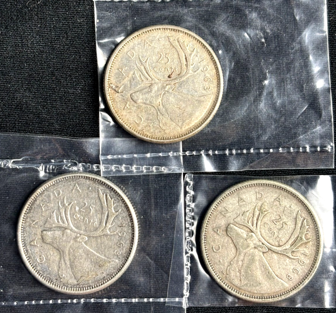 3 x ~ 1963 Canada 25 Cent Coin – Elizabeth II – 80% Silver – VF