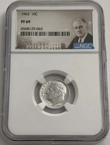 1963 NGC PF69 90% Proof Silver Roosevelt Dime 10c Portrait