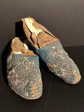 PAIR OF PLAINS TURQUOISE BLUE BEADED LEATHER MOCCASINS,GEOMETRIC DESIGN,C1900,NR