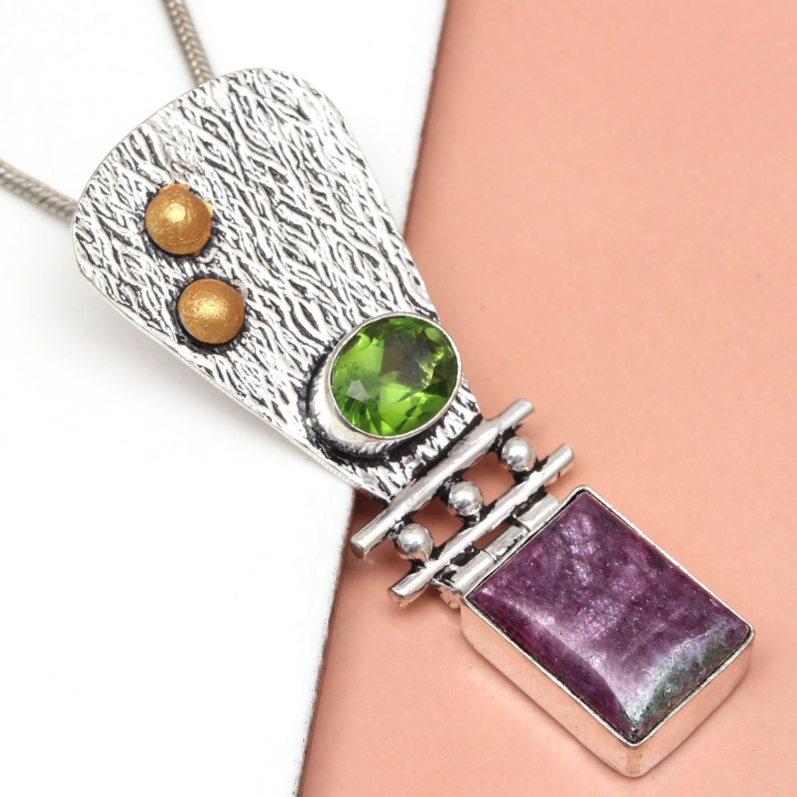 Ruby Zoisite Peridot Gemstone Silver Pendant for Mother's Day 2.25 Inch