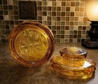 Indiana Glass Amber Floral Pressed Glass Biscuit Jar Handle Lid 5.5" — photo 6