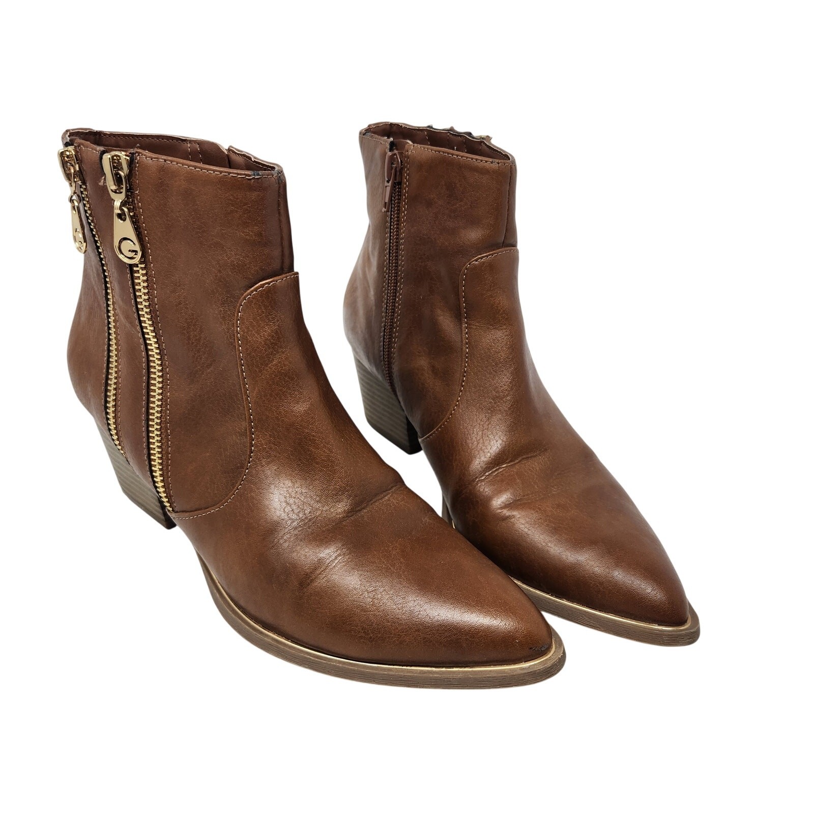 GBG Guess Tan Leather Pointed Toe Indiee Cowboy Ankle Boots Western Bootie Sz 8M
