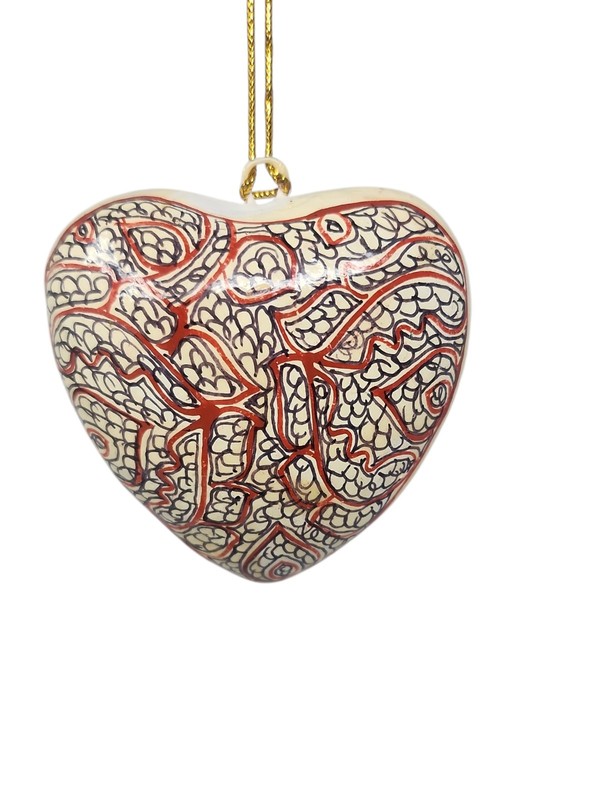 Vintage Kashmiri Papier Mache Hanging Heart Ornament  Hand Drawn Red And White