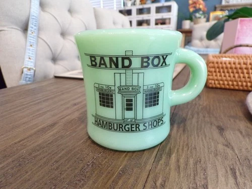 BAND BOX HAMBURGER SHOPS Fire-King Jadite Restaurant Ware Advertising Coffee Mug