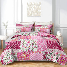 Pink Floral Quilt Set King Size - 3 Piece Patchwork Bedding with Pillow Shams, S