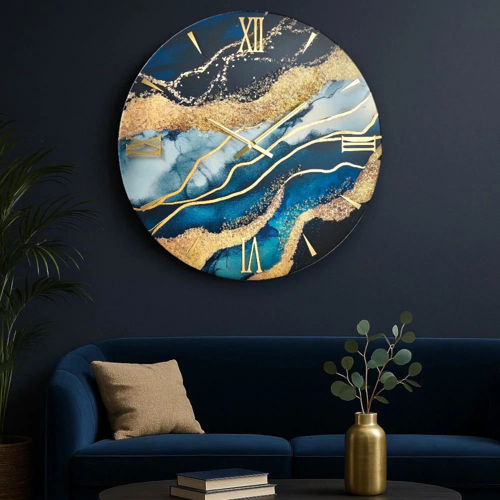 Orologio Parete Design Moderno Blu Oro Cristalli 40cm - Arredo Lusso