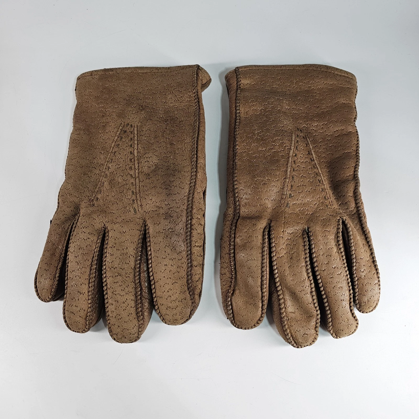 Vtg Peccary Skin Faux Fur Lined Gloves Mens 9-9.5 Medium Textured Tan Leather