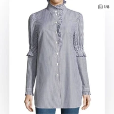 See By Chloe Mock Neck Button Front Striped Tunic Shirt Size 40 Blue White