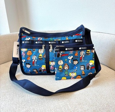 LeSportsac PEANUTS Snoopy Blue Shoulder Bag A4 Expandable with Pouch New Tags