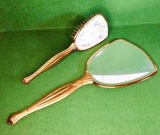 Vtg Vanity Mirror  Hair Brush Set Gold Tone Floral Design Dresser Set, Retro
