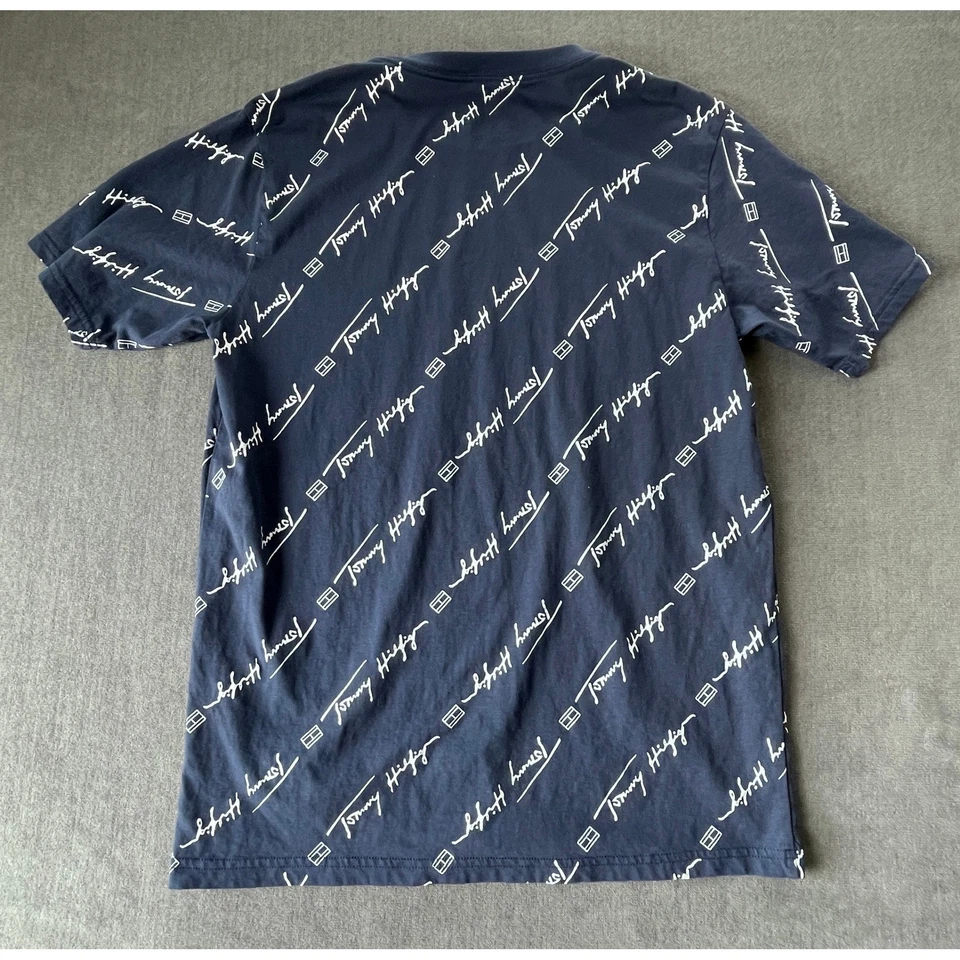 Tommy Hilfiger Allover Logo Tee Boys XL Navy Blue Y2K Streetwear Casual T Shirt - Image 3 of 4