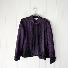 Coldwater Creek Purple Jacquard Braided Trim Open Front Jacket Large