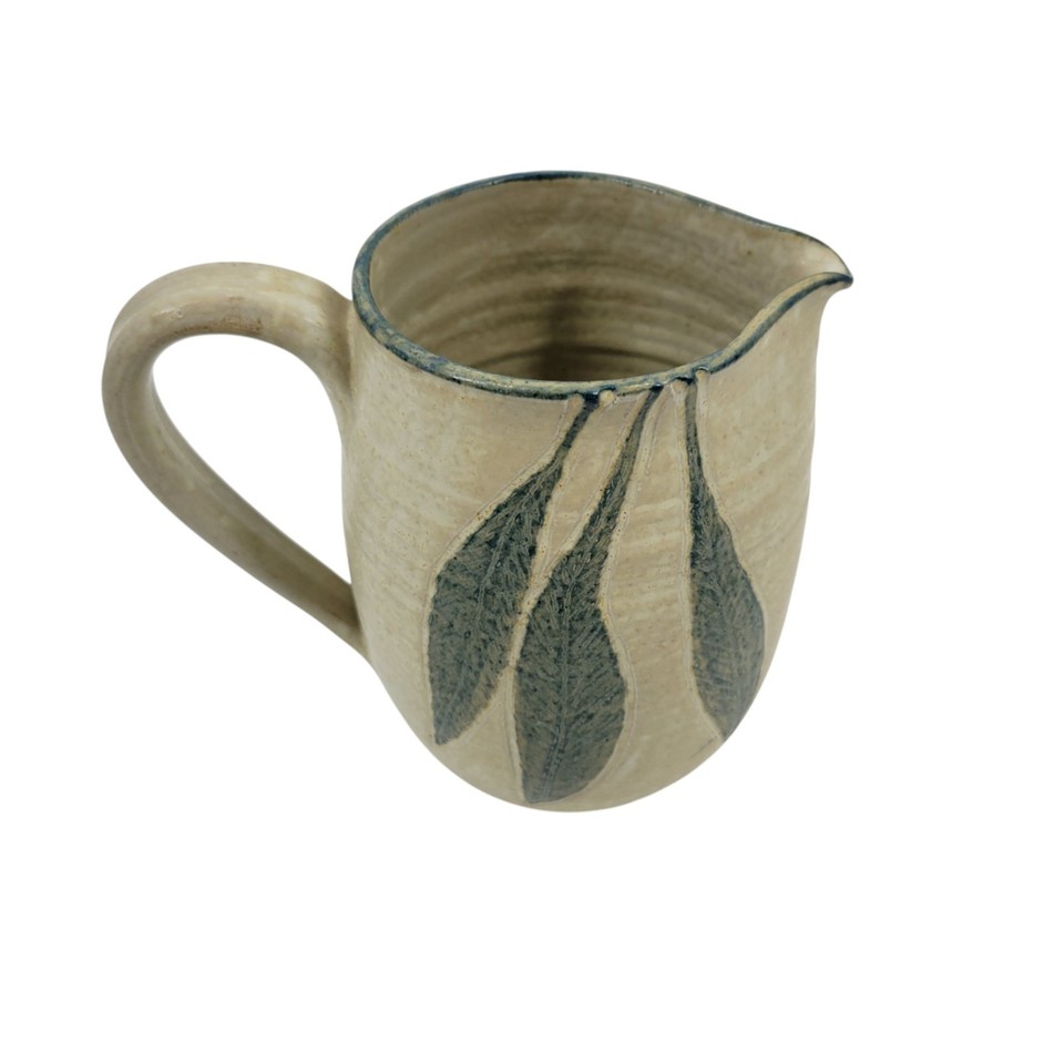 Signed Studio Pottery Pitcher Handmade Stoneware Leaf Design Artisan Ceramic