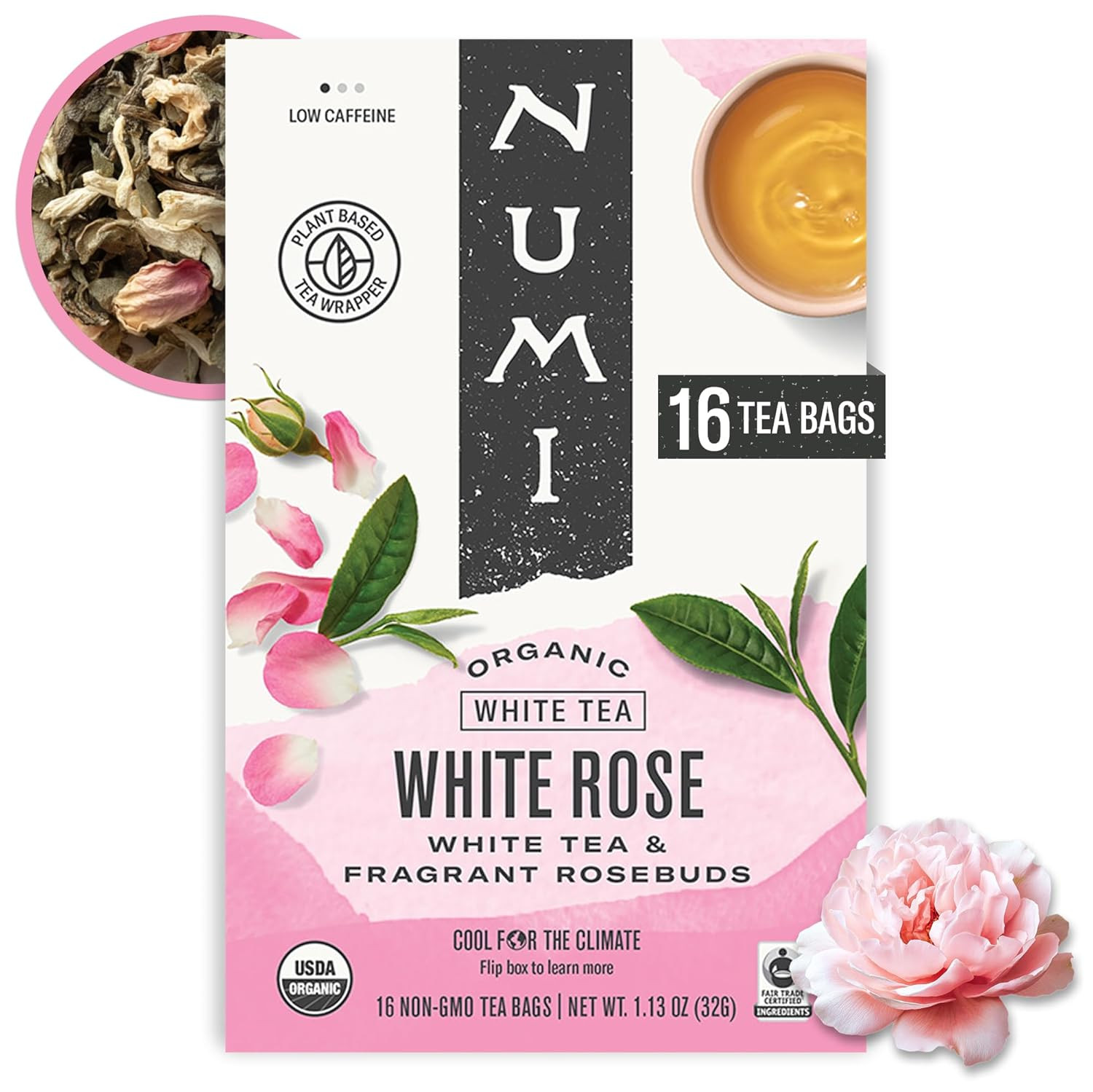 , 16 Tea Bags, White Tea & Fragrant Rosebuds, Low Caffeine