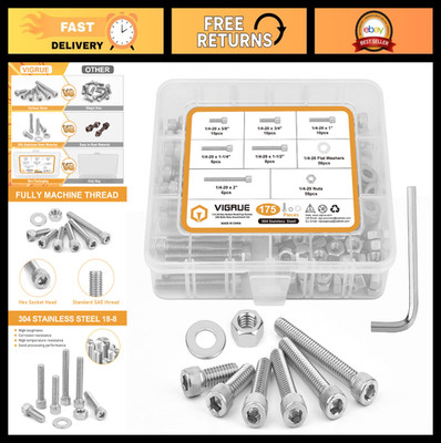 175PCS Hex Socket Head Cap Screw Set - Stainless Steel 18-8, UNC Bolts, Washers