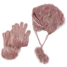 Girls Plush Fuzzy Pink Trapper Hat  Gloves Set