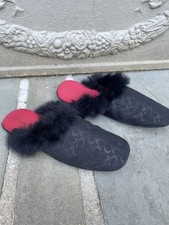Coach Women s 8 Black/Red Logo Mule Slippers Faux Fur Trim Slip-On