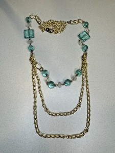 Authentic Art Deco Triple Strand 24K Gold Plated 18” Necklace Seafoam Green Clear Beads