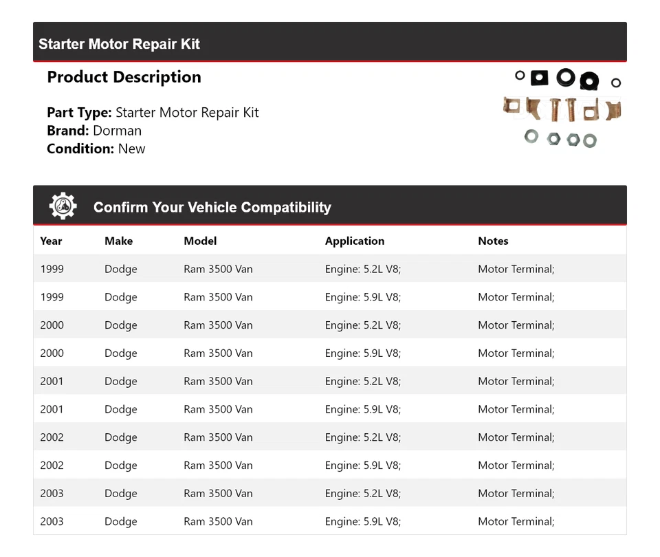 Ремонтный комплект стартера двигателя для Dodge Ram 3500 Van Dorman 1999-2003 годов выпуска 2000 2001 2002 годов выпуска - Изображение 2 из 4