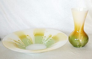 2er Set Vase Grosse Schale Glaskunst Weiss Gelb Grun Gedeckter Tisch Dekoration Ebay
