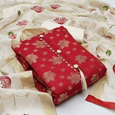 Women Jacquard Button  Woven Work Kurti salwar with Chanderi Duppta 2.10m Red