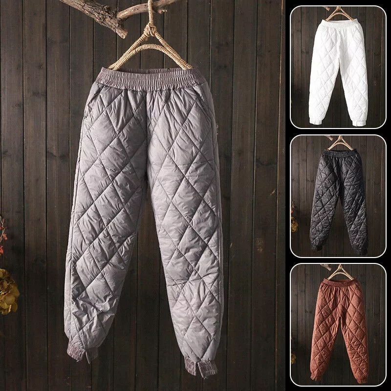 Women Casual Snow Pants Warm Padded Pants Winter Quilted Trousers Elastic  Waist