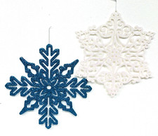 SET of 6 LARGE SPARKLY PLASTIC SNOWFLAKE 2 WHITE  4 BLUE ORNAMENT DECORATIONS