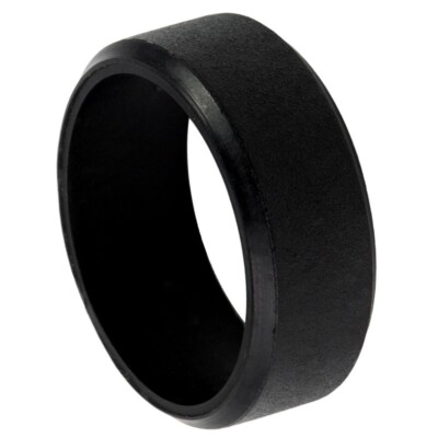 Unisex Silicone Plain Black Weeding Band Flat Pipe Cut 7mm Stepped Edges Ring