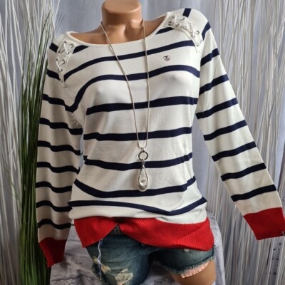 Delmao Pullover Pulli Strickpulli Beige gestreit 36 bis 46 Damen (6 301) NEU