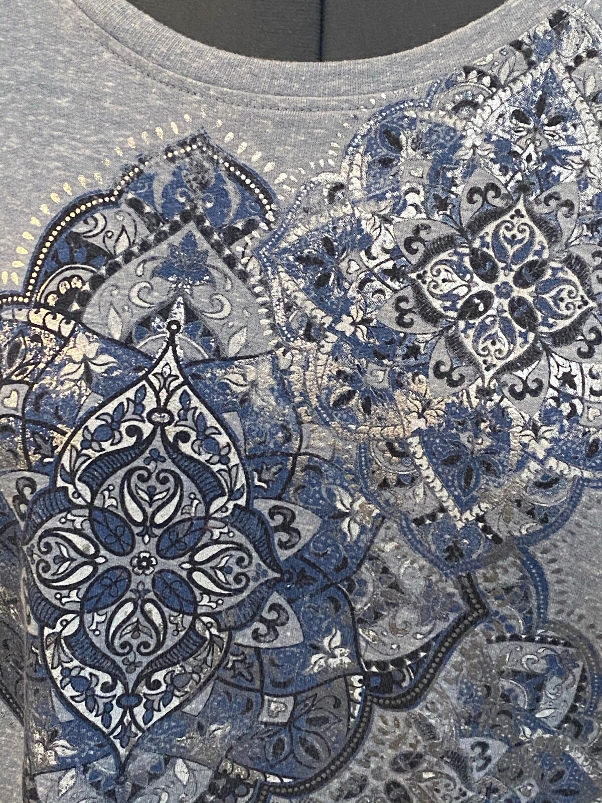 Style&Co M Blue Stretch Mandala Silver Accent Long Sleeve Top