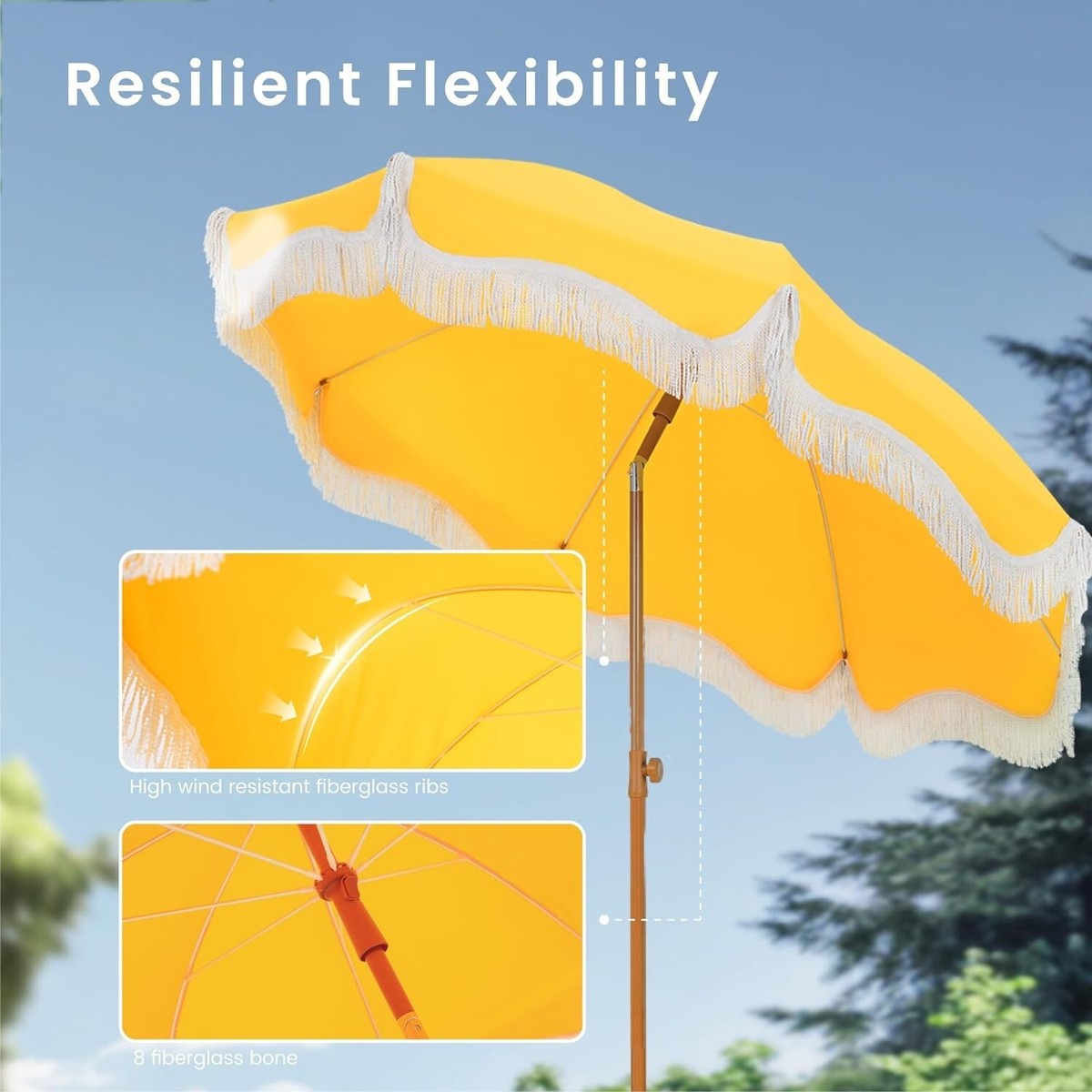 7.5 ft yellow patio umbrella AreShark 9 for Outdoor, Outdoor Table Umbrella with Push Button Tilt and Crank, Outdoor Patio Umbrellas with 8 Sturdy Ribs for Market, Garden, Pool (Yellow) : Patio With 1.5 inches diameter pole which provides stronger support than standard round poles 7.5' Frankford Laurel Steel Patio