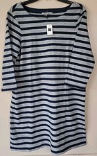 Gap Tunic T-Shirt Dress SzLP Blue Grey Striped Knee Length 3/4 Sleeve 100%Cotton