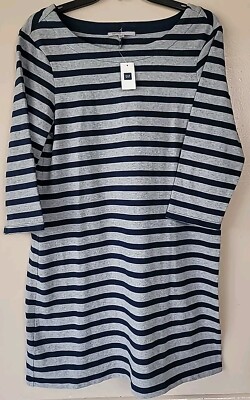 Gap Tunic T-Shirt Dress SzLP Blue Grey Striped Knee Length 3/4 Sleeve  100%Cotton