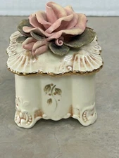 Vtg Porcelain Victorian Trinket Box Dish Cream with 3D Rose and Gold Trim