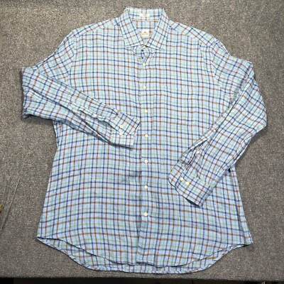 Peter Millar Shirt Mens Extra Large Blue Linen Plaid Button Up Breathable Light